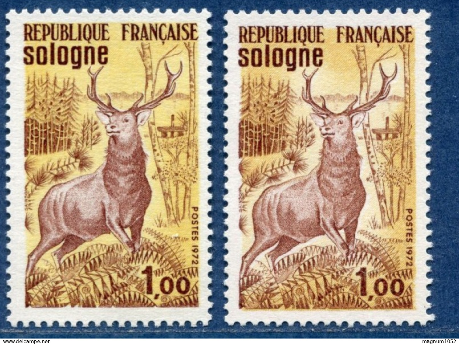 VARIETES X 2 N 1725 ** - 1 TB  JAUNE AU LIEU DE OCRE + 1 TB CONTOUR DU CERF QUASI BLANC  ET CERF BRUN CLAIR - Unused Stamps