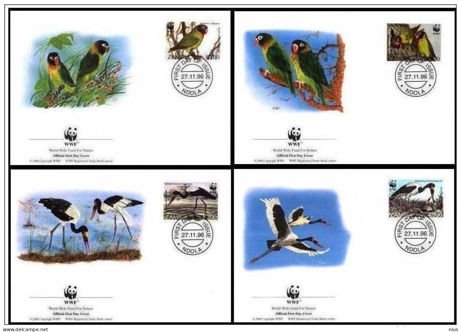 Zambia 1996 FDC Set X4 WWF W.W.F. Saddlebilled Stork Black Cheeked Lovebird Bird Fauna Birds - FDC