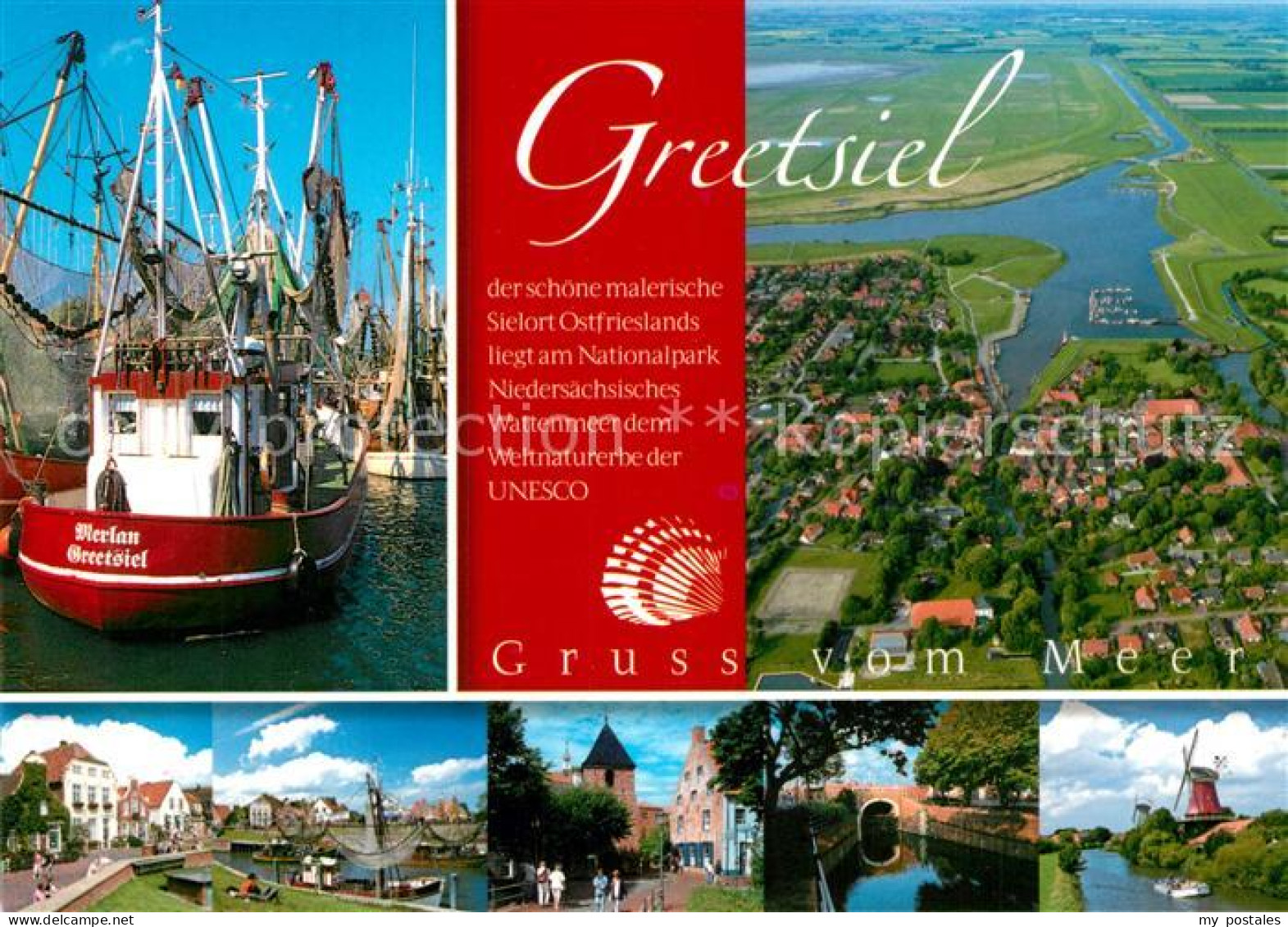 73231494 Greetsiel Fliegeraufnahme Hafen Windmuehle Greetsiel - Krummhoern