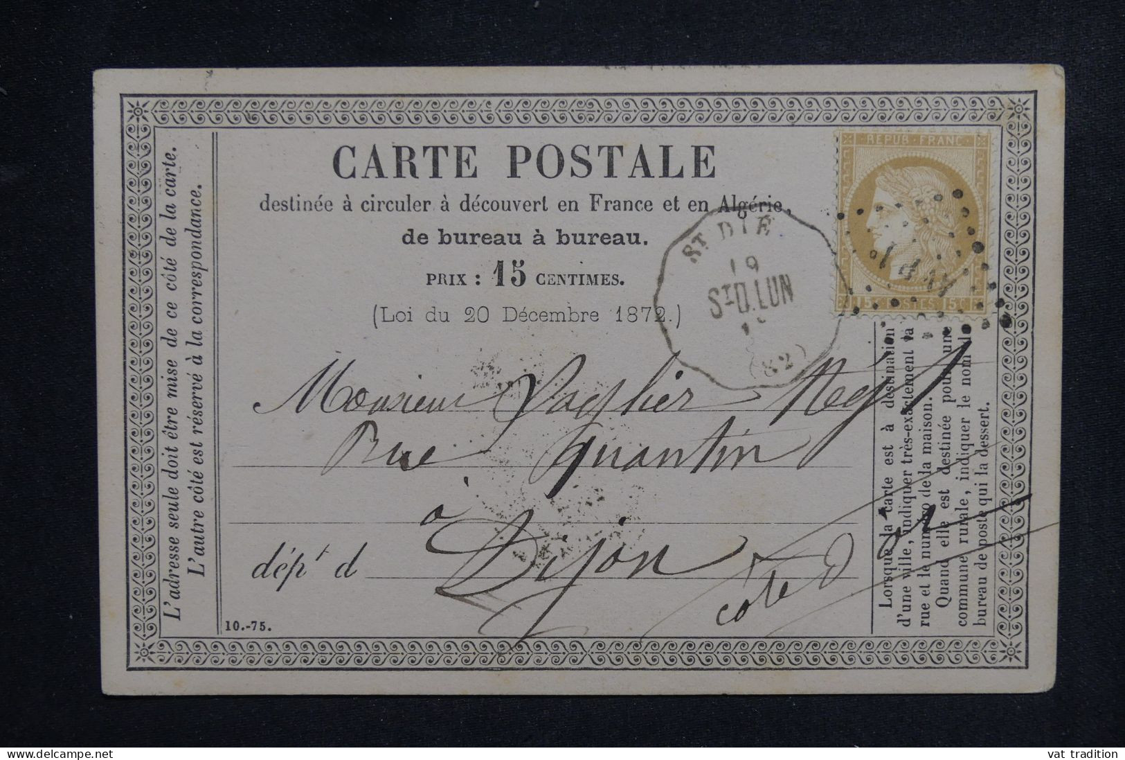 FRANCE - Oblitération Convoyeur Sur Carte Précurseur De St Dié Pour Dijon En 1874 - L 150365 - Vorläufer