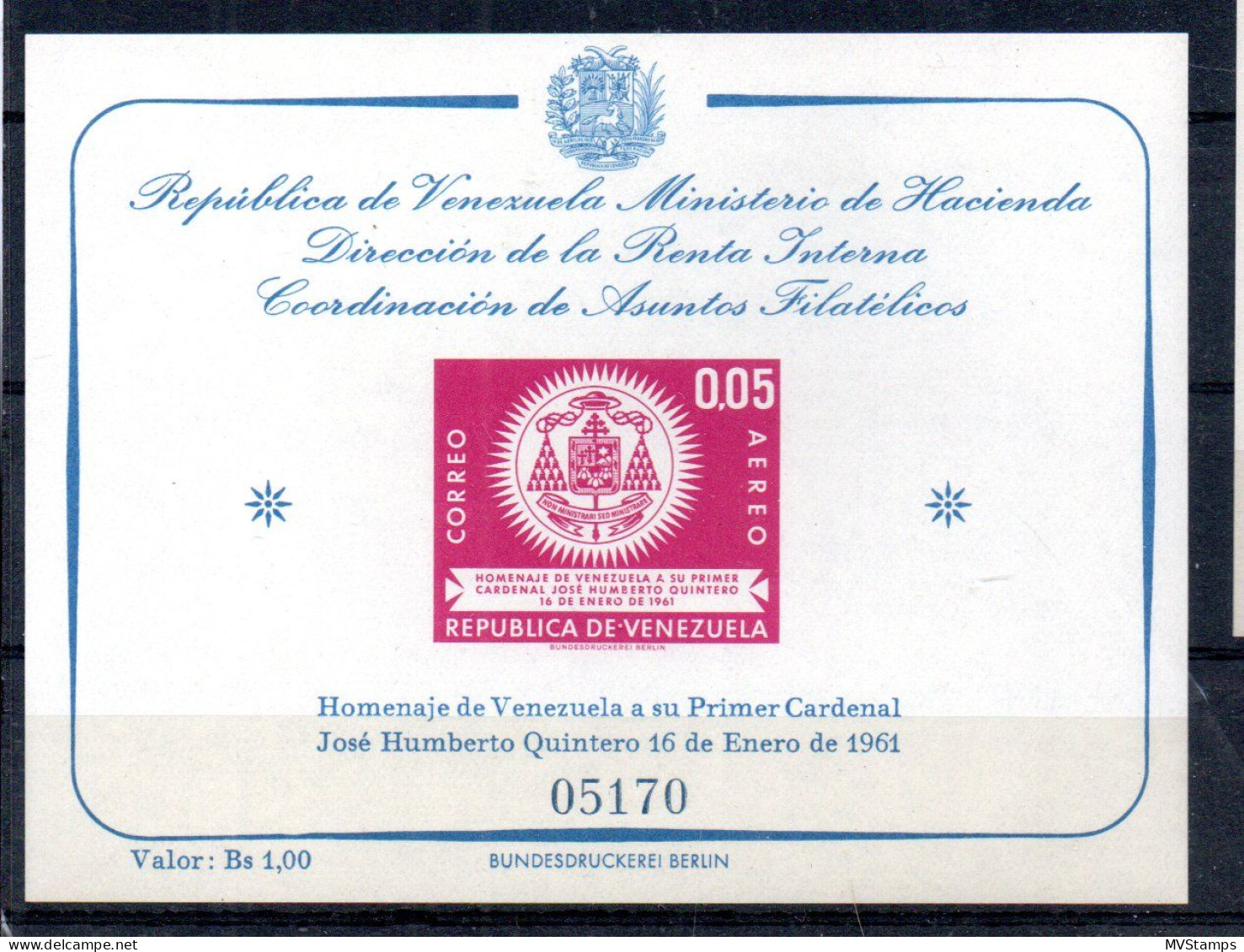 Venezuela 1962 Sheet Jose Humberto Quintero (Michel Block 5) MNH - Venezuela
