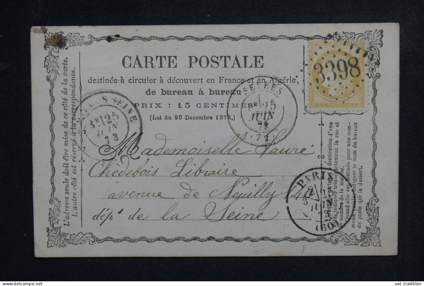 FRANCE - GC 3398 Sur Cérès 15ct Sur Carte Précurseur De Sèvres En 1873 Pour Paris - L 150369 - Voorloper Kaarten