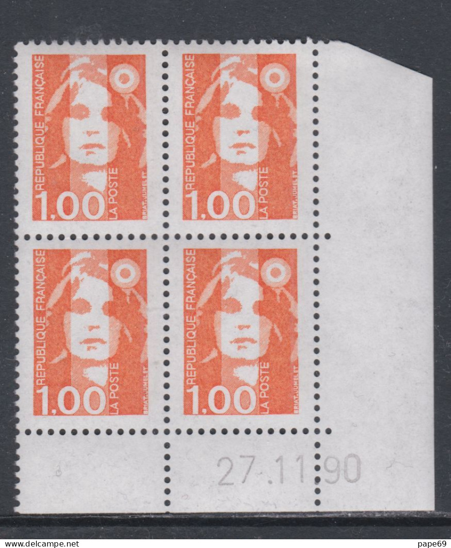 France N° 2620 XX Marianne De Briat 1 F. Orange En Bloc De 4 Coin Daté Du 27 - 11 - 90 ; Sans Charnière, TB - 1980-1989
