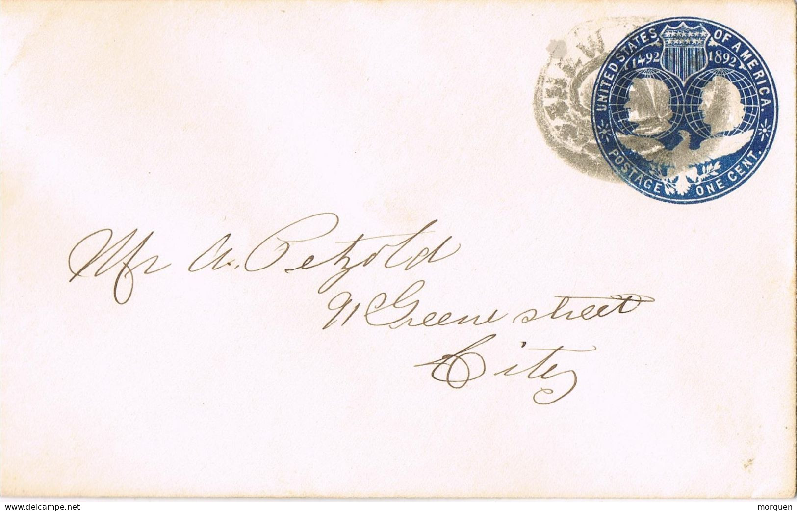 54329. Entero Postal NEW YORK  1892, Oval Marking. Colon - ...-1900
