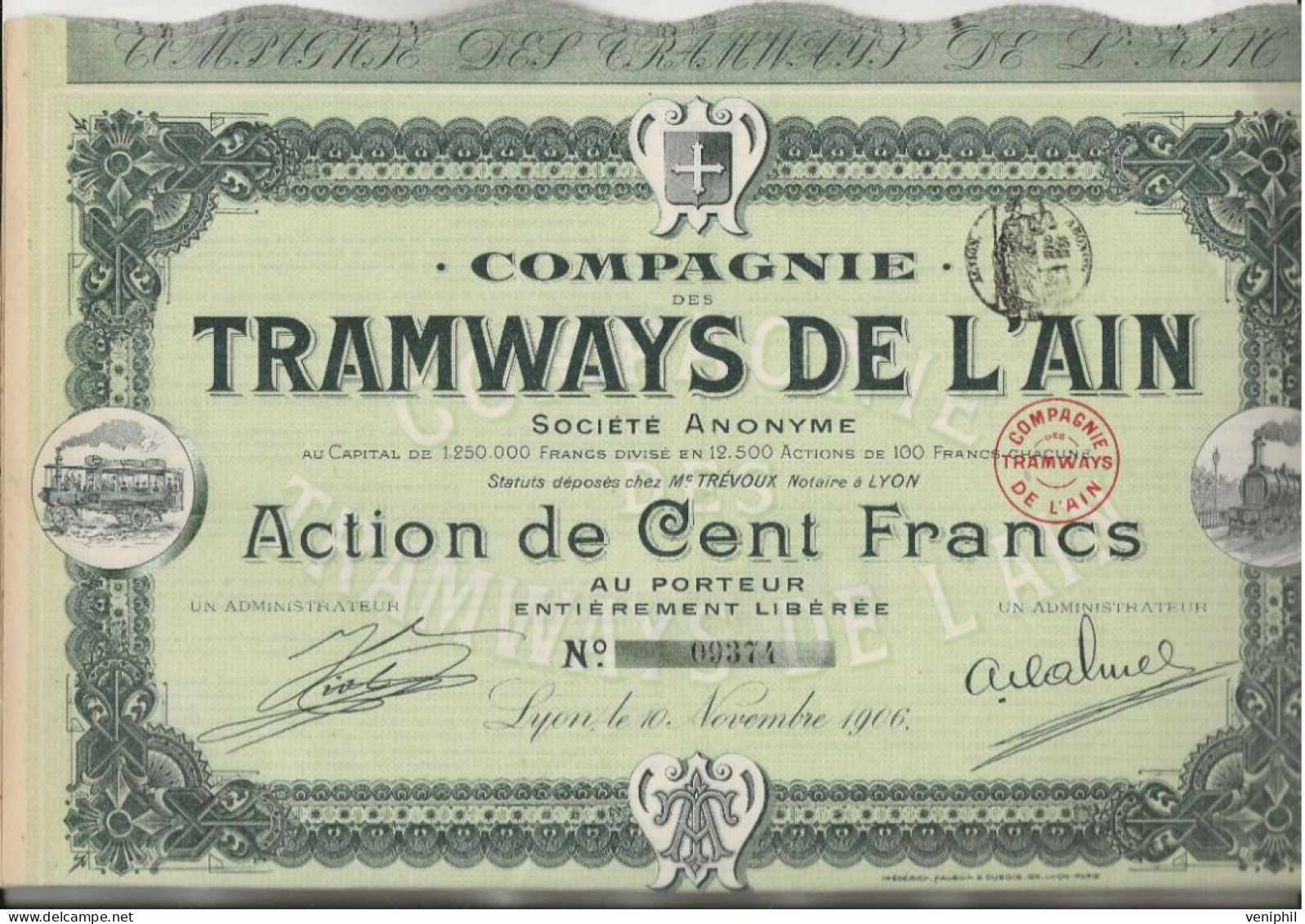 COMPAGNIE  DES TRAMWAYS DE L(AIN  -LOT DE 9 ACTIONS DE CENT FRANCS - ANNEE 1906 - Chemin De Fer & Tramway