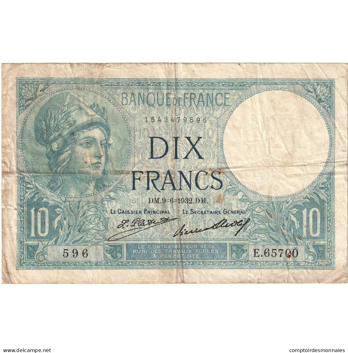 France, 10 Francs, Minerve, 1932, E.65700, TB+, Fayette:6.16, KM:73d - 10 F 1916-1942 ''Minerve''