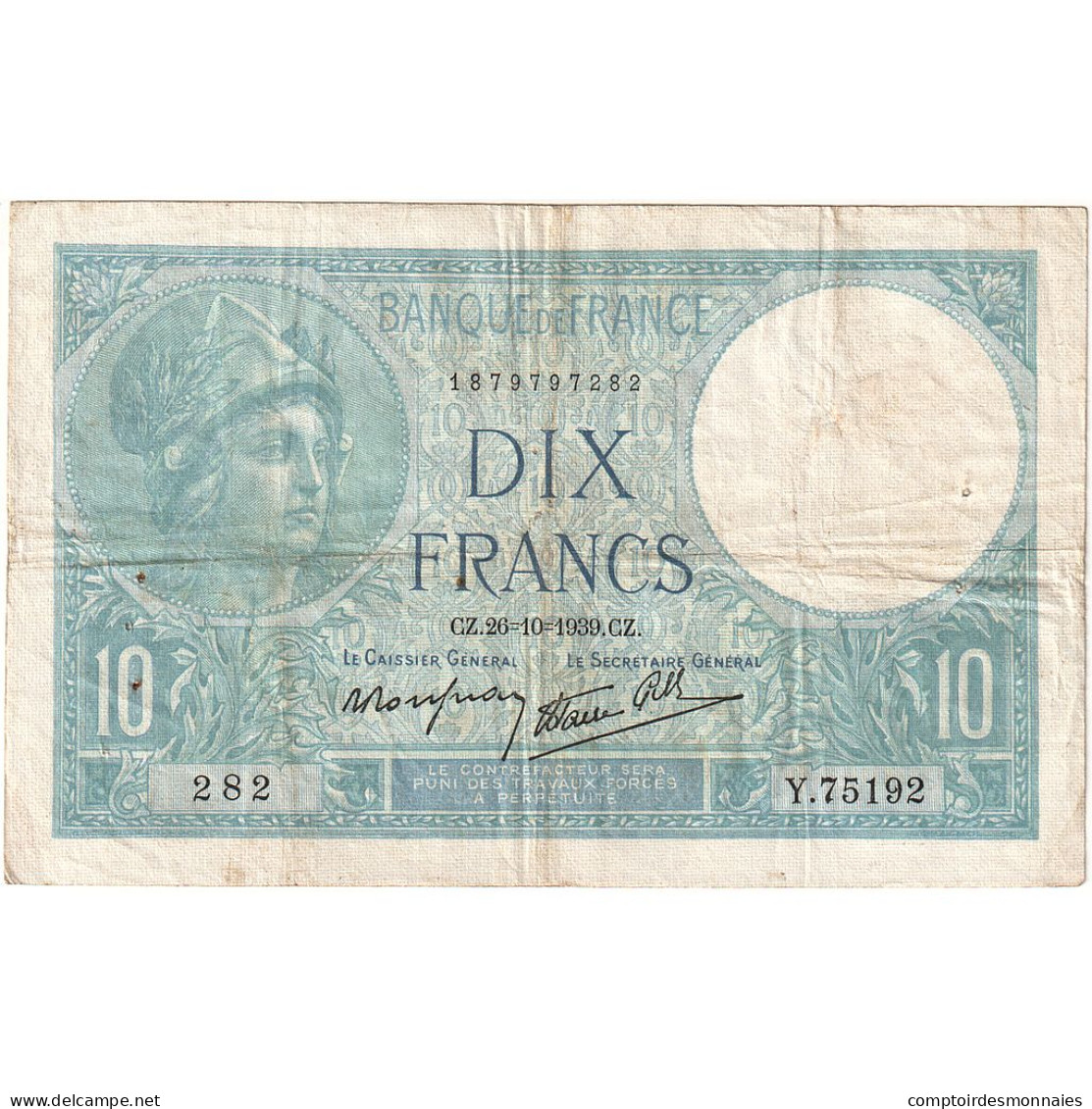 France, 10 Francs, Minerve, 1939, Y.75192, TTB, Fayette:7.13, KM:84 - 10 F 1916-1942 ''Minerve''