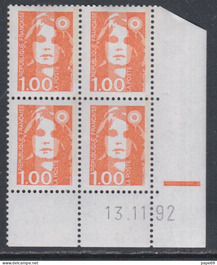 France N° 2620 XX Mar.  Briat 1 F. Orange En Bloc De 4 Coin Daté Du 13 - 11 - 92 ; 1 Barre  Gom. Légè. Altérée, Sinon TB - 1980-1989