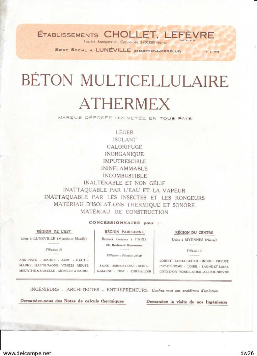 Documents Commerciaux 1931: Béton Multicellulaire Athermex - Etablissements Cholet-Lefèvre, Lunéville (54) - 1900 – 1949