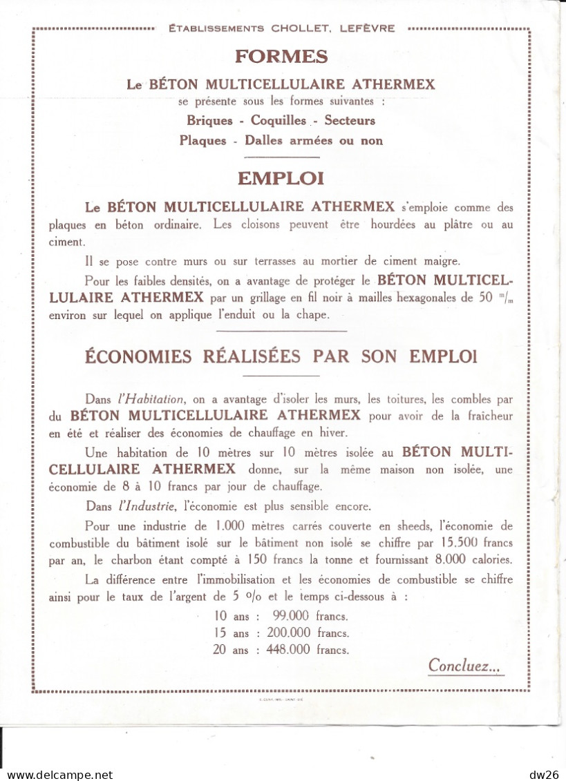 Documents Commerciaux 1931: Béton Multicellulaire Athermex - Etablissements Cholet-Lefèvre, Lunéville (54) - 1900 – 1949