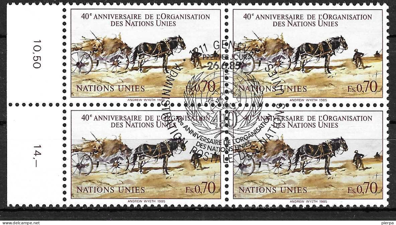 O.N.U. GENEVE - 1985 - 40* O.N.U. - FR 0,70 - QUARTINA - ANNULLO SPECIALE - USATA (YVERT 134 - MICHEL 134) - Usati