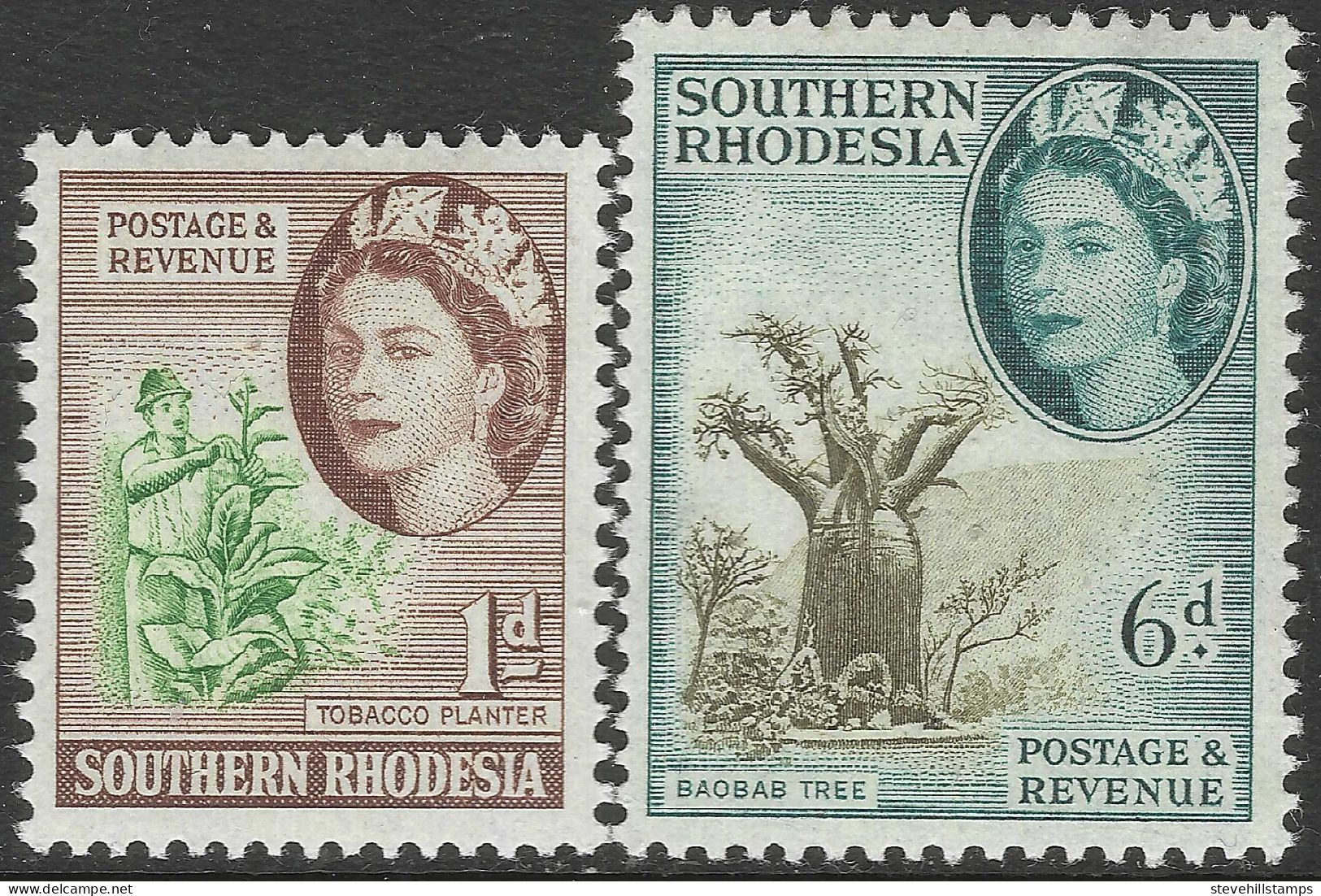 Southern Rhodesia. 1953 QEII. 1d, 6d MH. SG 79, 84. M3030 - Southern Rhodesia (...-1964)