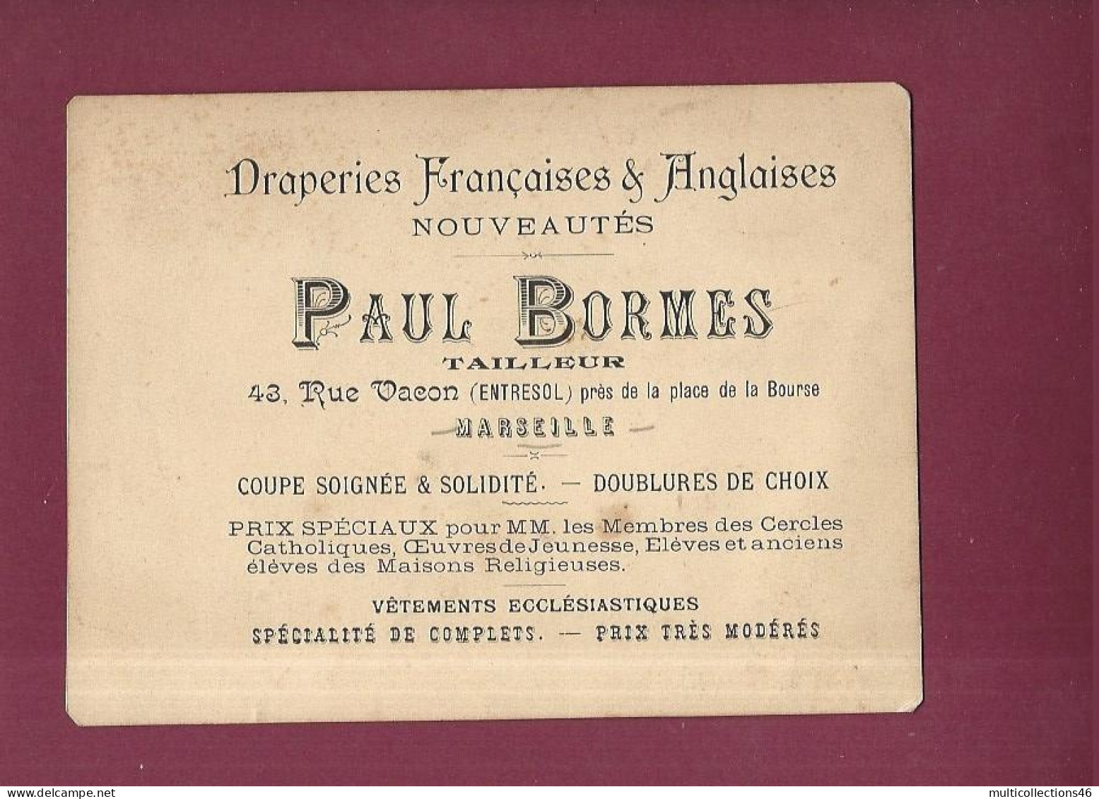 010324 - PHOTO CARTE DE VISITE - Draperies PAUL BORMES Tailleur 43 Rue Vacon MARSEILLE Vêtements Ecclésiastiques - Straßenhandel Und Kleingewerbe