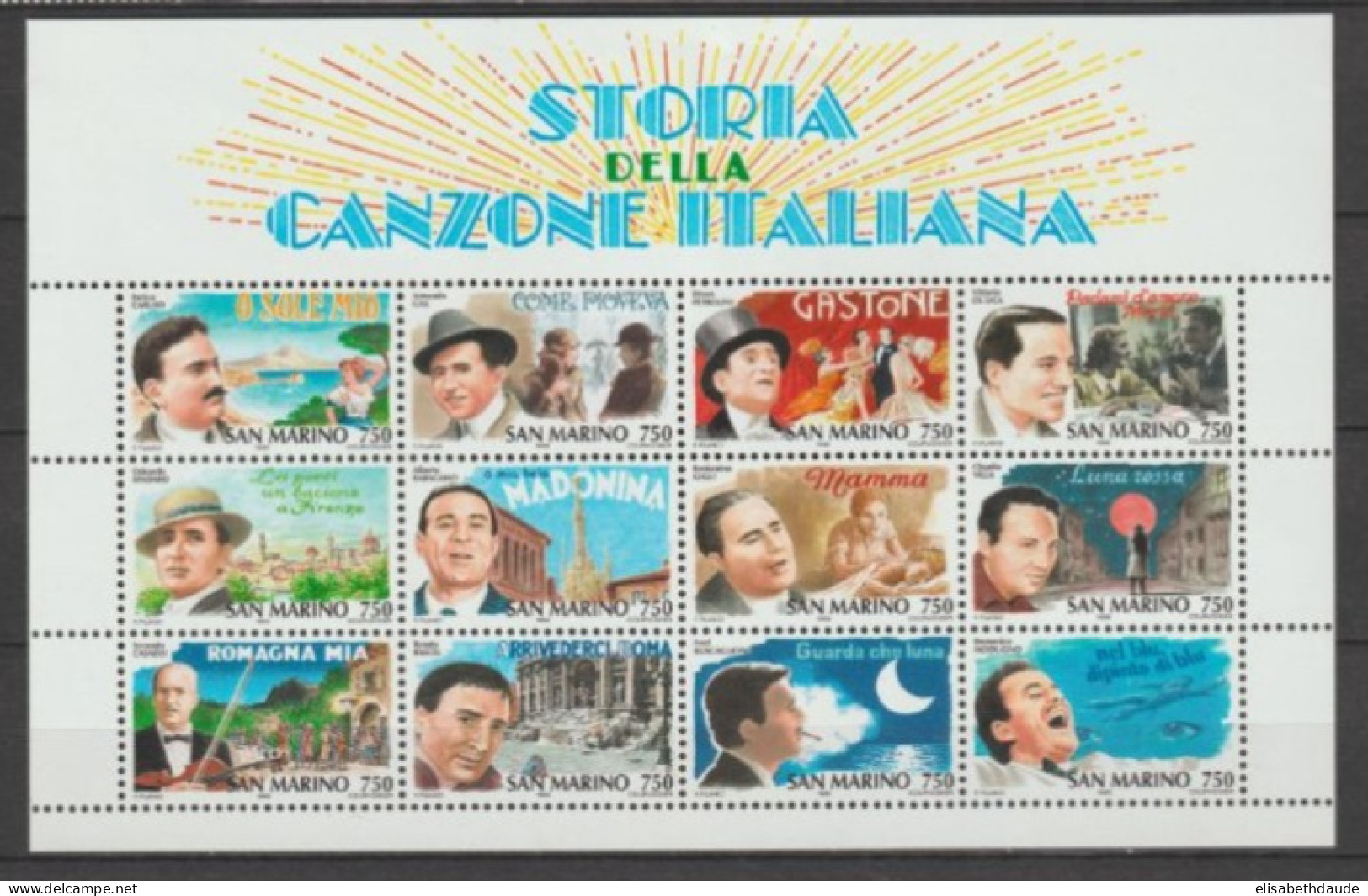 SAN MARINO - 1996 - CHANSON ITALIENNE - FEUILLET YVERT 1457/1468 ** MNH - Blocchi & Foglietti