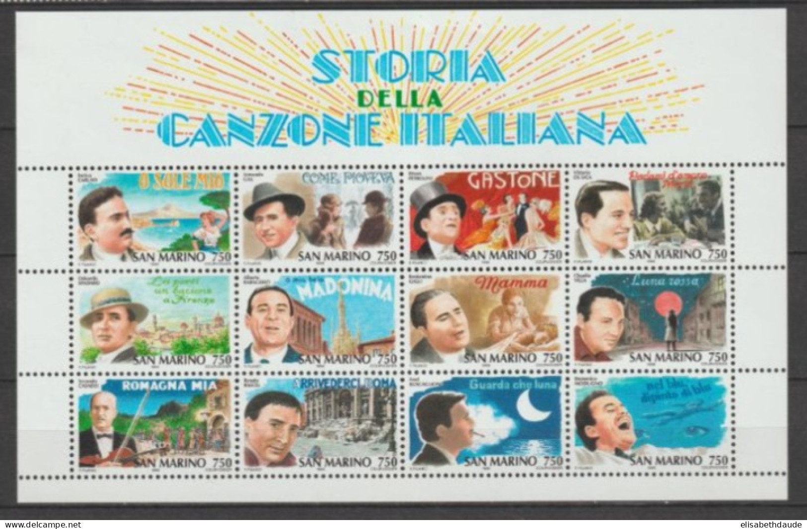 SAN MARINO - 1996 - CHANSON ITALIENNE - FEUILLET YVERT 1457/1468 ** MNH - Blokken & Velletjes