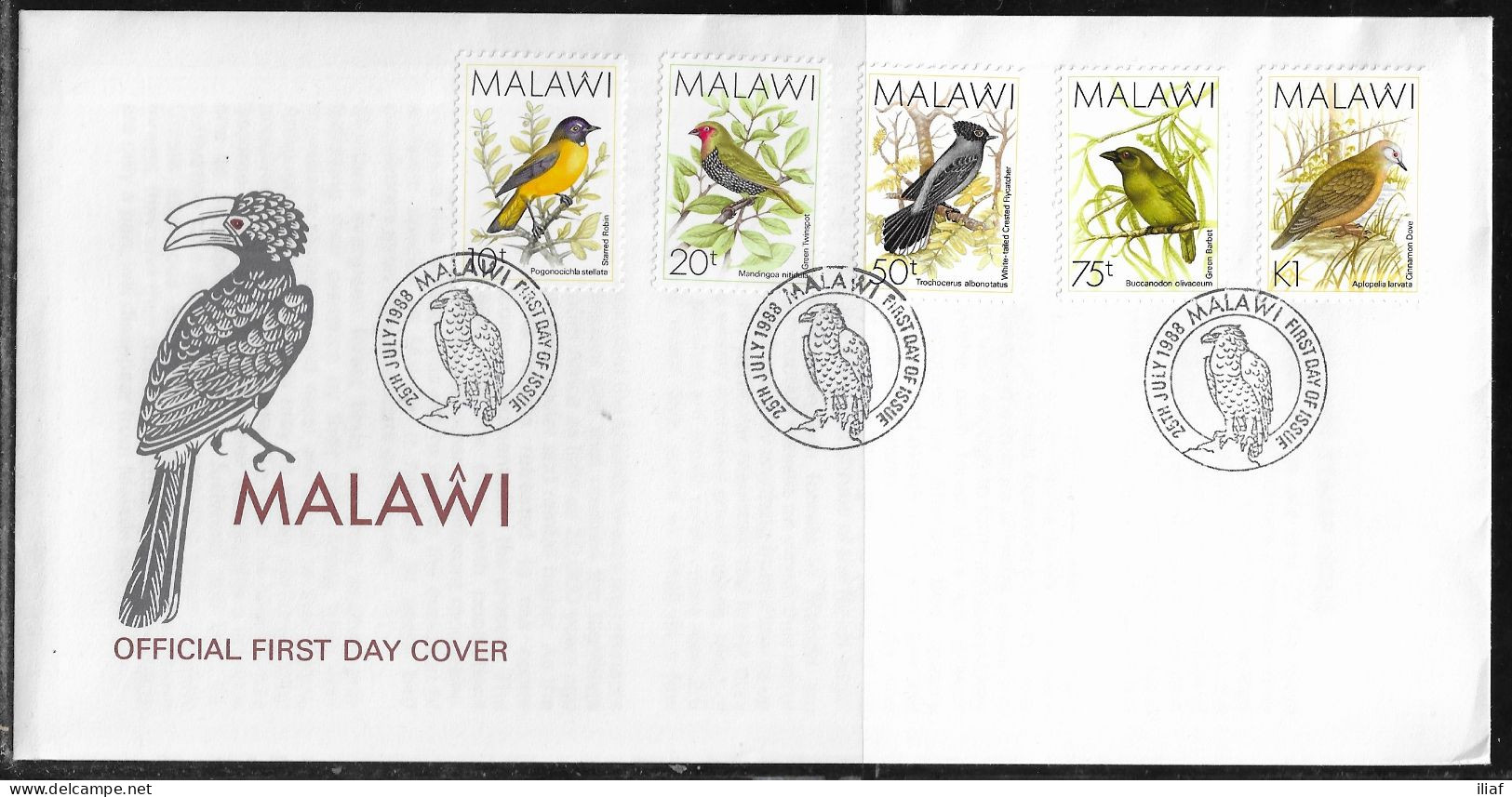Malawi. FDC Sc. 523, 525, 528-530.   Birds Definitives 1988-2002.  FDC Cancellation On Cachet FDC Envelope - Malawi (1964-...)
