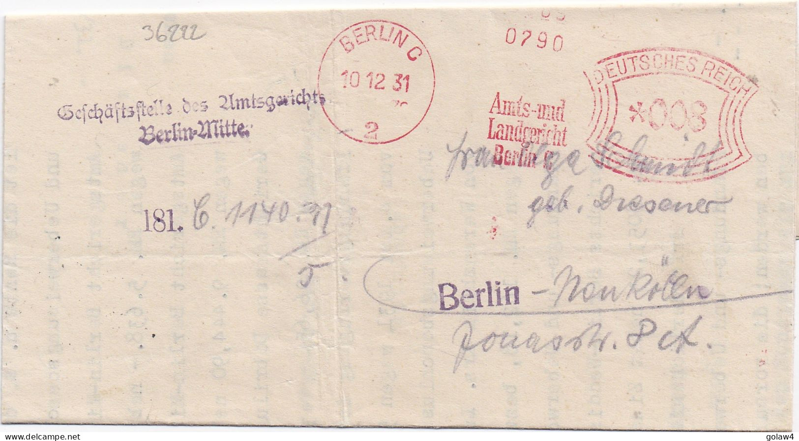 36222# AFS LETTRE Obl BERLIN C 1931 AMTS UND LANDGERICHT 790 PREUSS AMTSGERICHT - Franking Machines