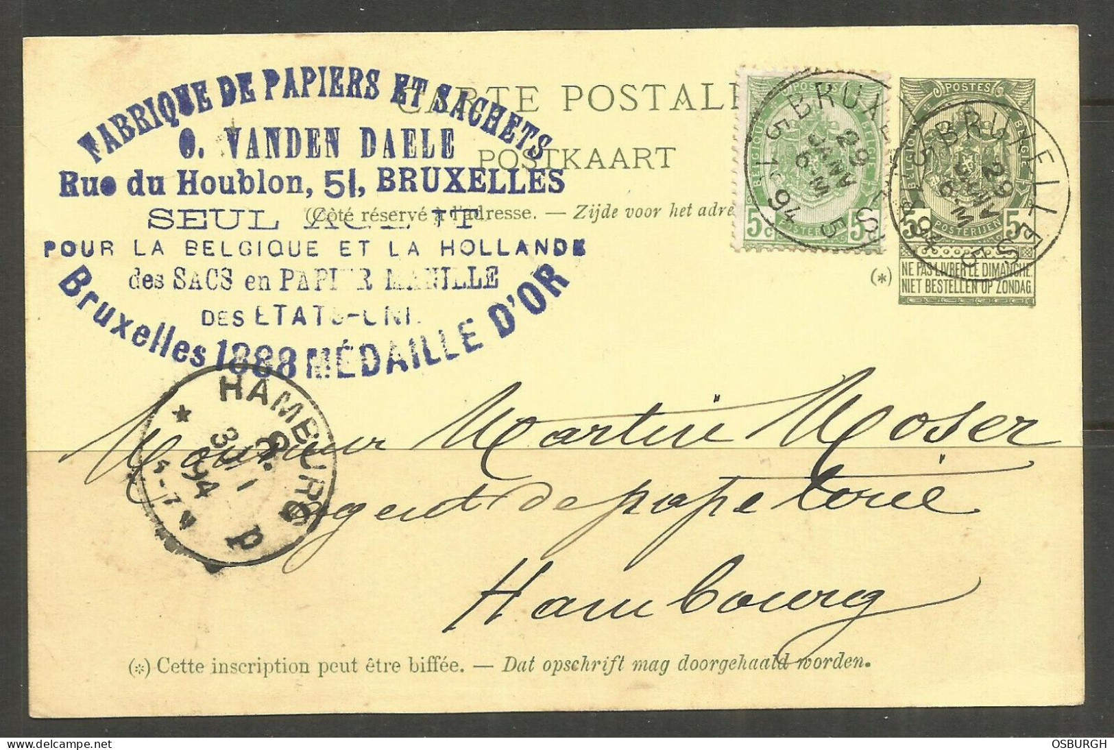 BELGIUM. 1894. CARD. BRUXELLES. O VANDEN DAELE – PAPER & SACHETS. - 1893-1907 Coat Of Arms