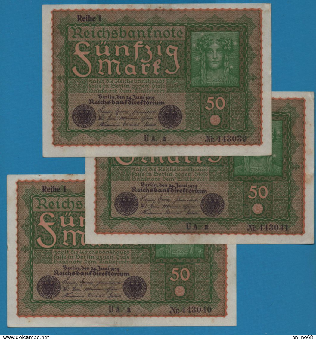 DEUTSCHES REICH LOT 3 X 50 MARK 24.06.1919 Reihe 1 # UAa 443039 + 40 + 41  P# 66 - 50 Mark