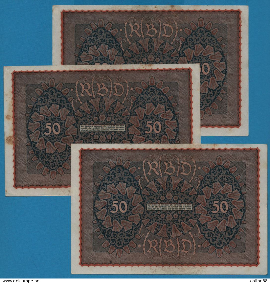 DEUTSCHES REICH LOT 3 X 50 MARK 24.06.1919 Reihe 1 # UAa 443039 + 40 + 41  P# 66 - 50 Mark