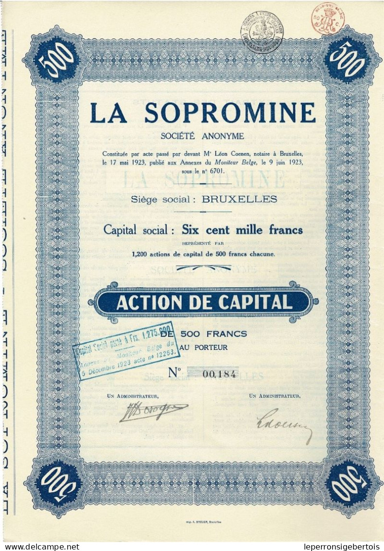 Titre De 1923 - La Sopromine - Société Anonyme - Industry