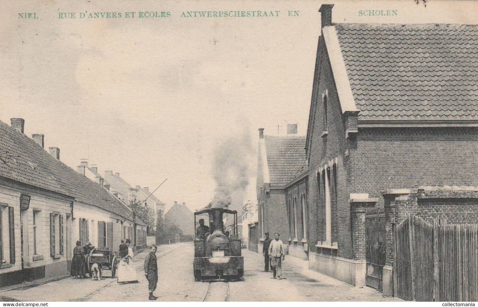 1908 Oude Postkaart NIEL Stoomtreintje Van Steen Nijverheid ?Hondenkar,  Anrwerpschestraat En Scholen, Prachtstaat - Niel