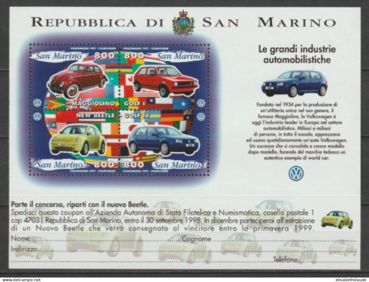 SAN MARINO - 1995 - AUTOMOBILES VOLKSWAGEN - FEUILLET YVERT N°1544/1547 ** MNH - Blokken & Velletjes