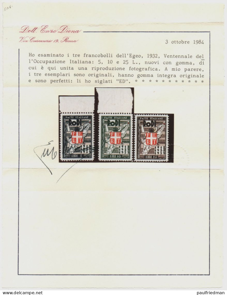 Egeo 1932 - Ventennale Occupazione - Completa Nuovi Gomma Integra -  MNH** - Certificato Diena - Splendida E Rara - Egeo