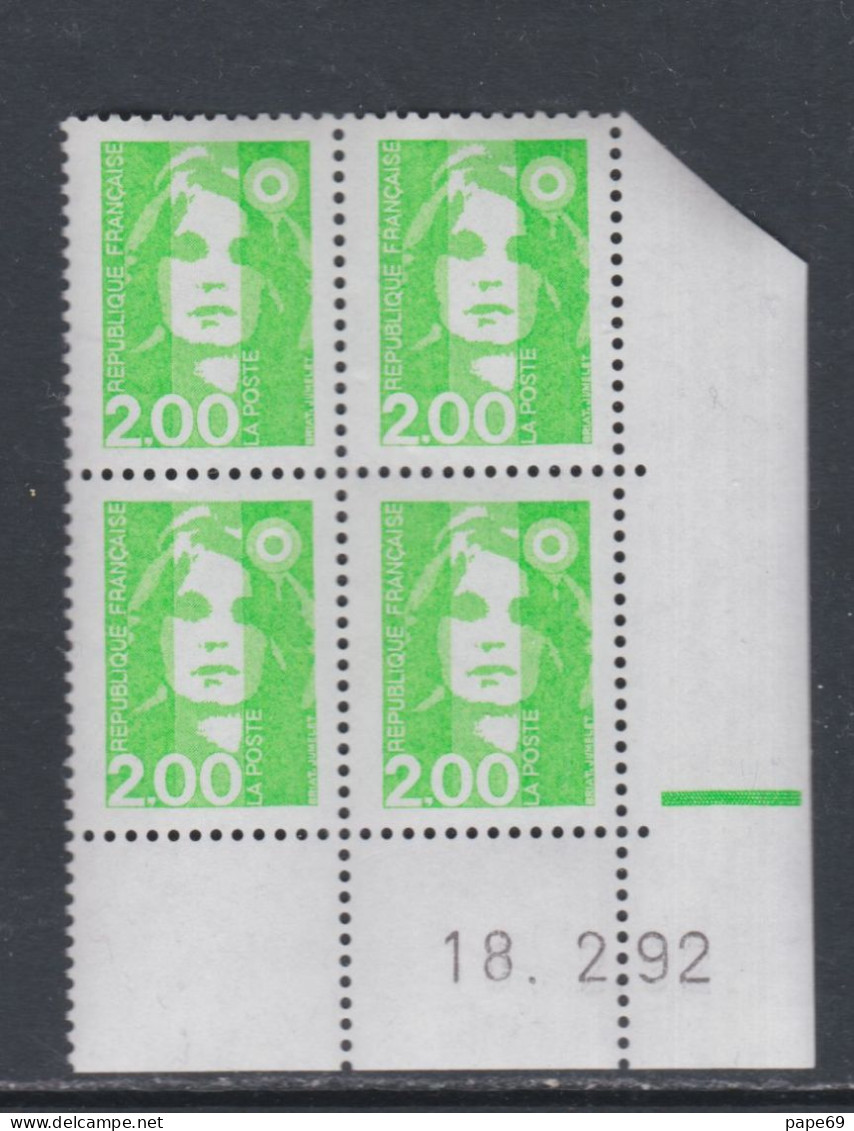 France N° 2621 XX Marianne De Briat 2 F. Vert Clair En Bloc De 4 Coin Daté Du 18 - 02 - 92 ; 1 Barre ; Sans Charnière TB - 1990-1999