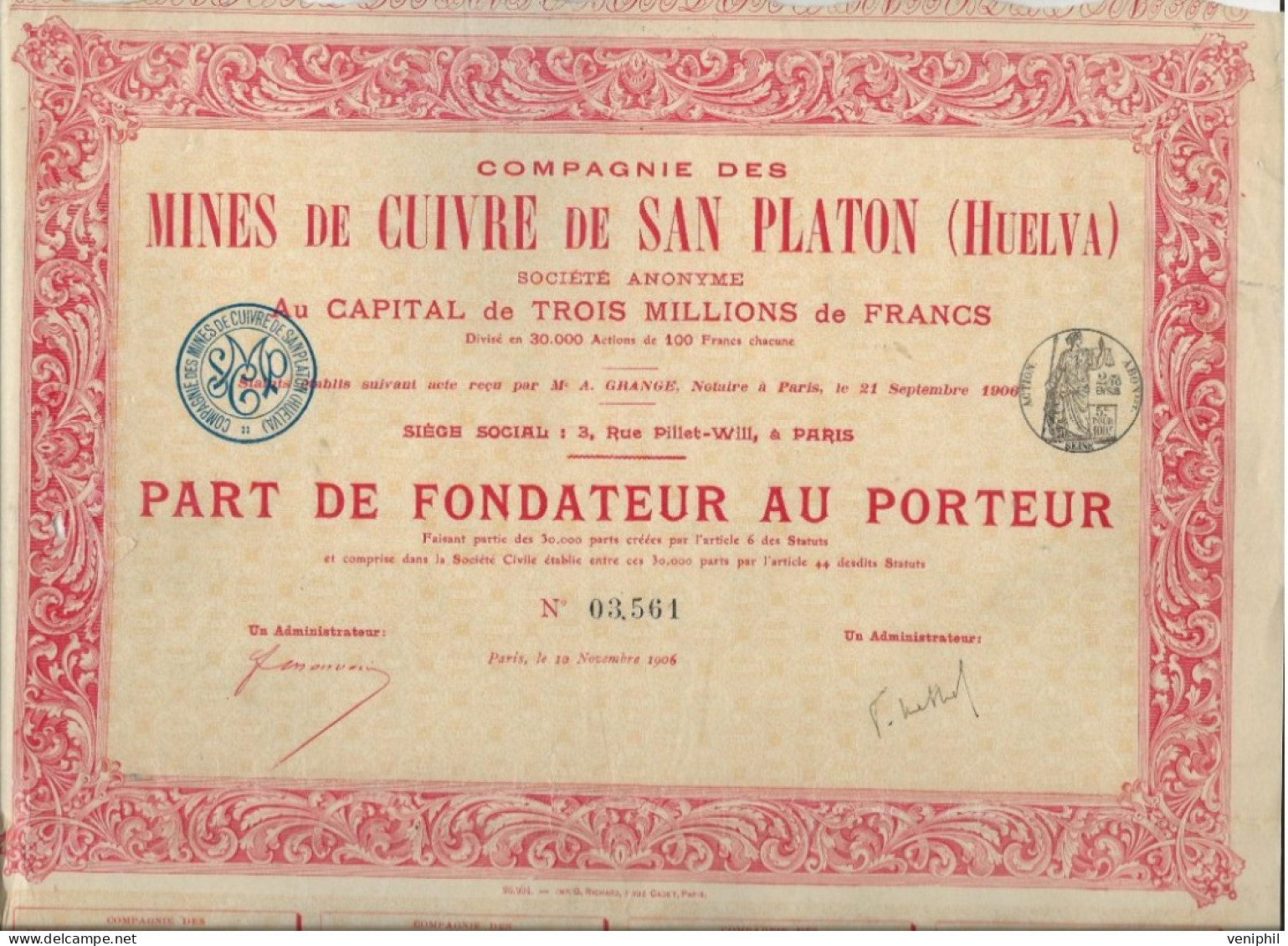 PART DE FONDATEUR - COMPAGNIE DES MINES DE CUIVRE DE SAN-PLATON -HUELVA - ANNEE 1906 - Mineral