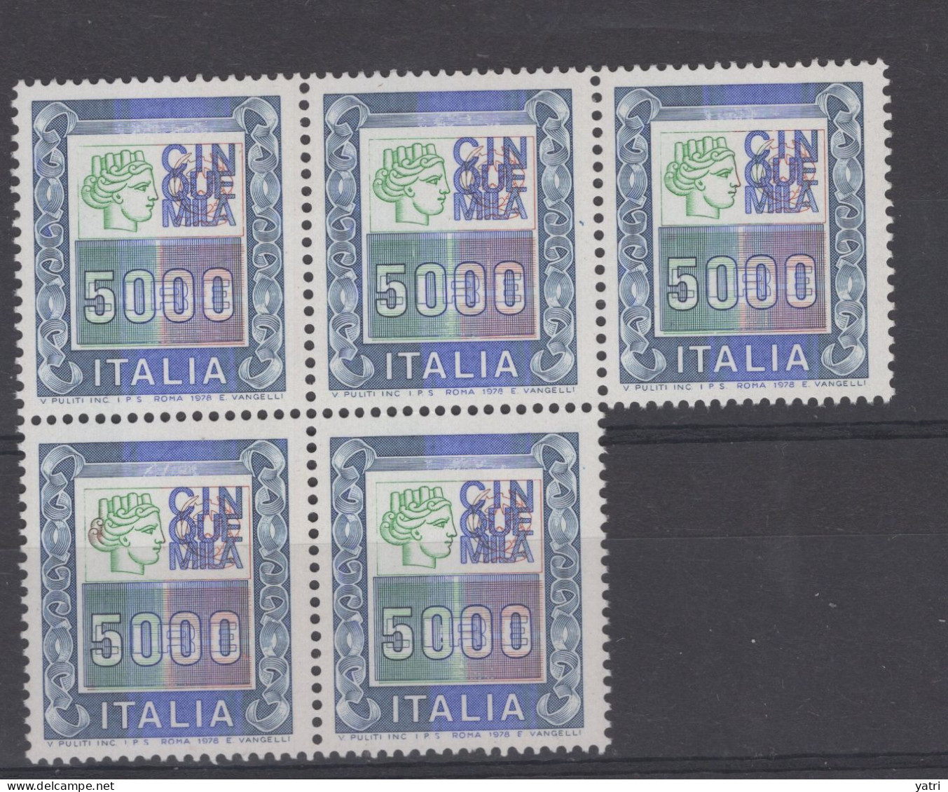 Italia (1978) - Alti Valori - 5.000 Lire In Blocco Di 5 ** - 1971-80: Mint/hinged