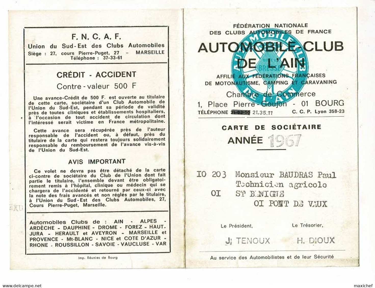 Carte Sociétaire 2 Volets 8 X12 Cm - Automobile - Club De L'Ain - 1967 - Technicien Agricole (sans Photo) - Altri & Non Classificati