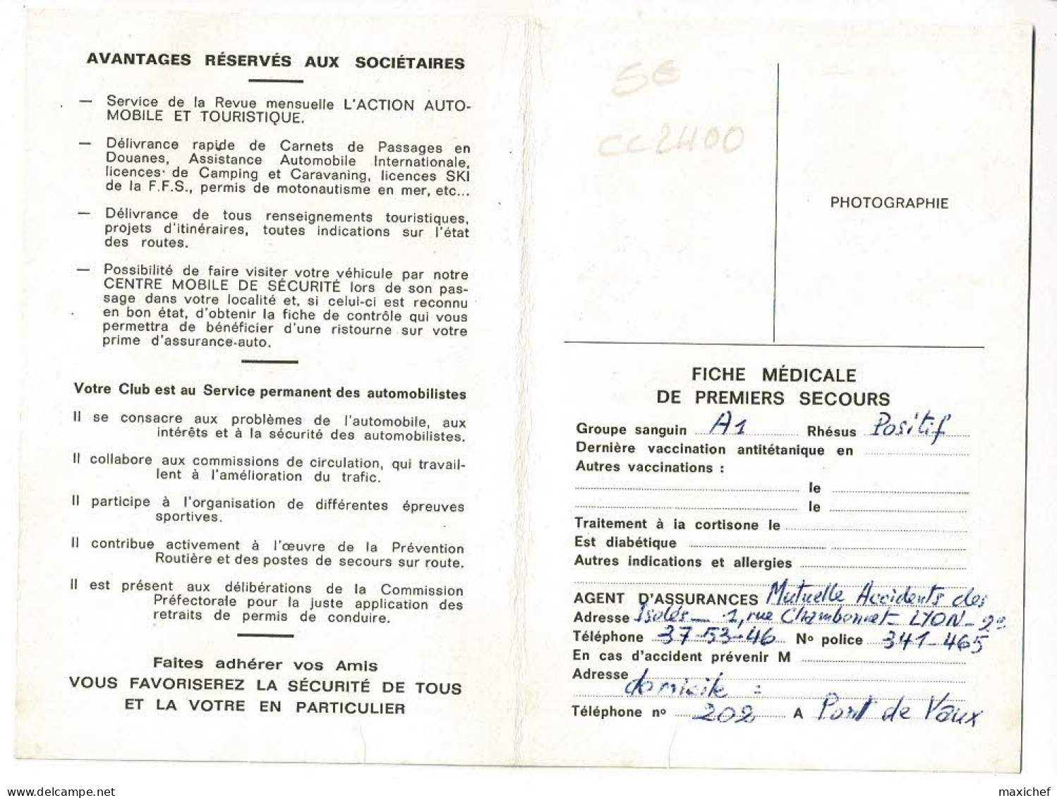 Carte Sociétaire 2 Volets 8 X12 Cm - Automobile - Club De L'Ain - 1967 - Technicien Agricole (sans Photo) - Otros & Sin Clasificación