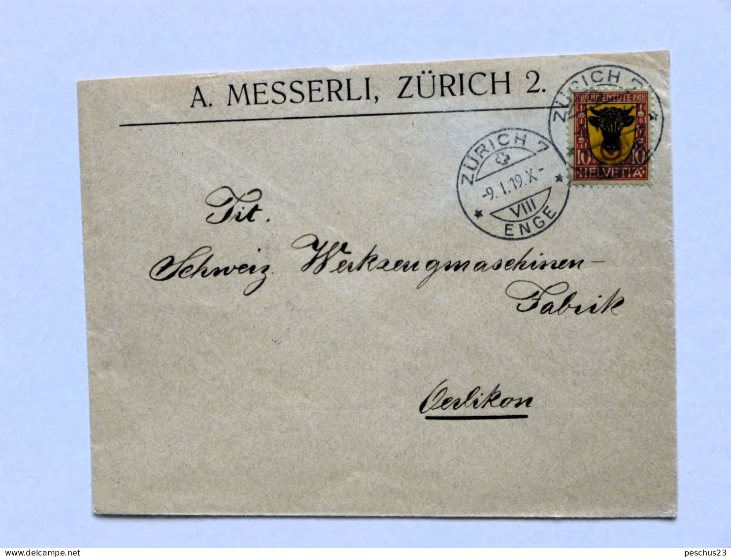 SUISSE / SCHWEIZ / SWITZERLAND / Firmenbrief, Frankiert Mit PRO JUVENTUTE 1918 (URI), Gest. ZÜRICH 9.I.19 Nach OERLIKON - Brieven En Documenten