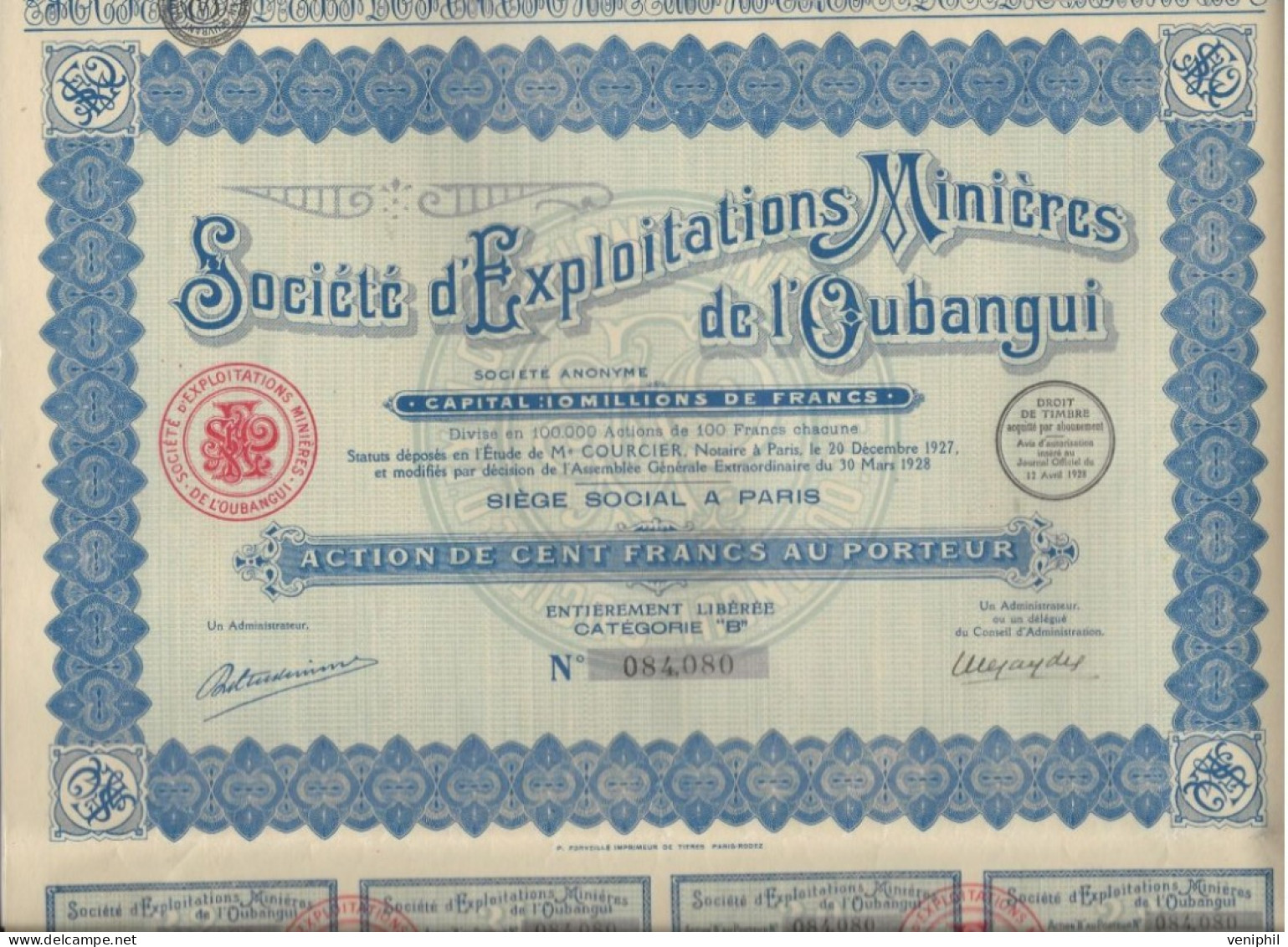 SOCIETE D'EXPLOITATIONS MINIERES DE L'OUBANGUI - LOT DE 3 ACTIONS DE 100 FRS -ANNEE 1928 - Bergbau