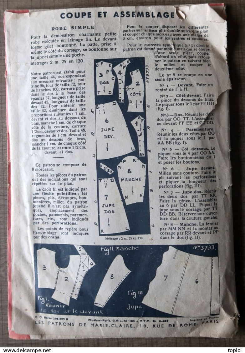 Ancien Patron Années 50  édité Par "Marie Claire" - Patterns