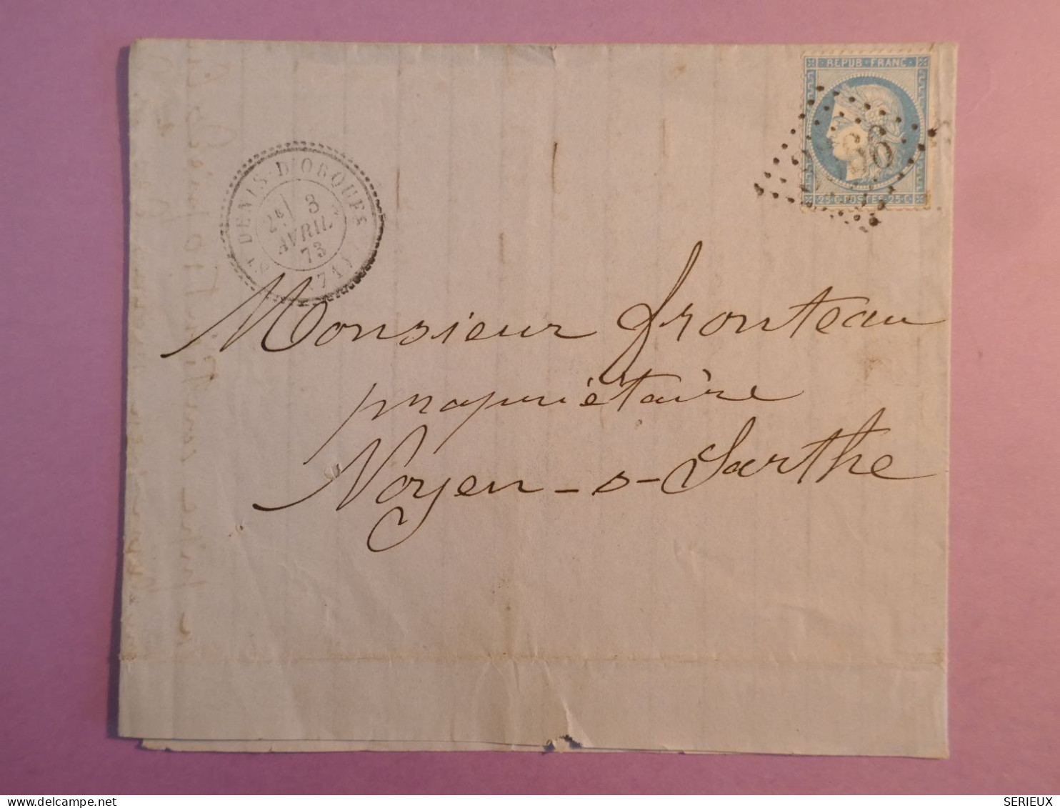 DK 20 FRANCE BELLE  LETTRE   1873 PETIT BUREAU  ST DENIS  D OBOUFS ? A  NOYEN +CACHET PERLé++  AFF. INTERESSANT +++ + - 1849-1876: Periodo Clásico