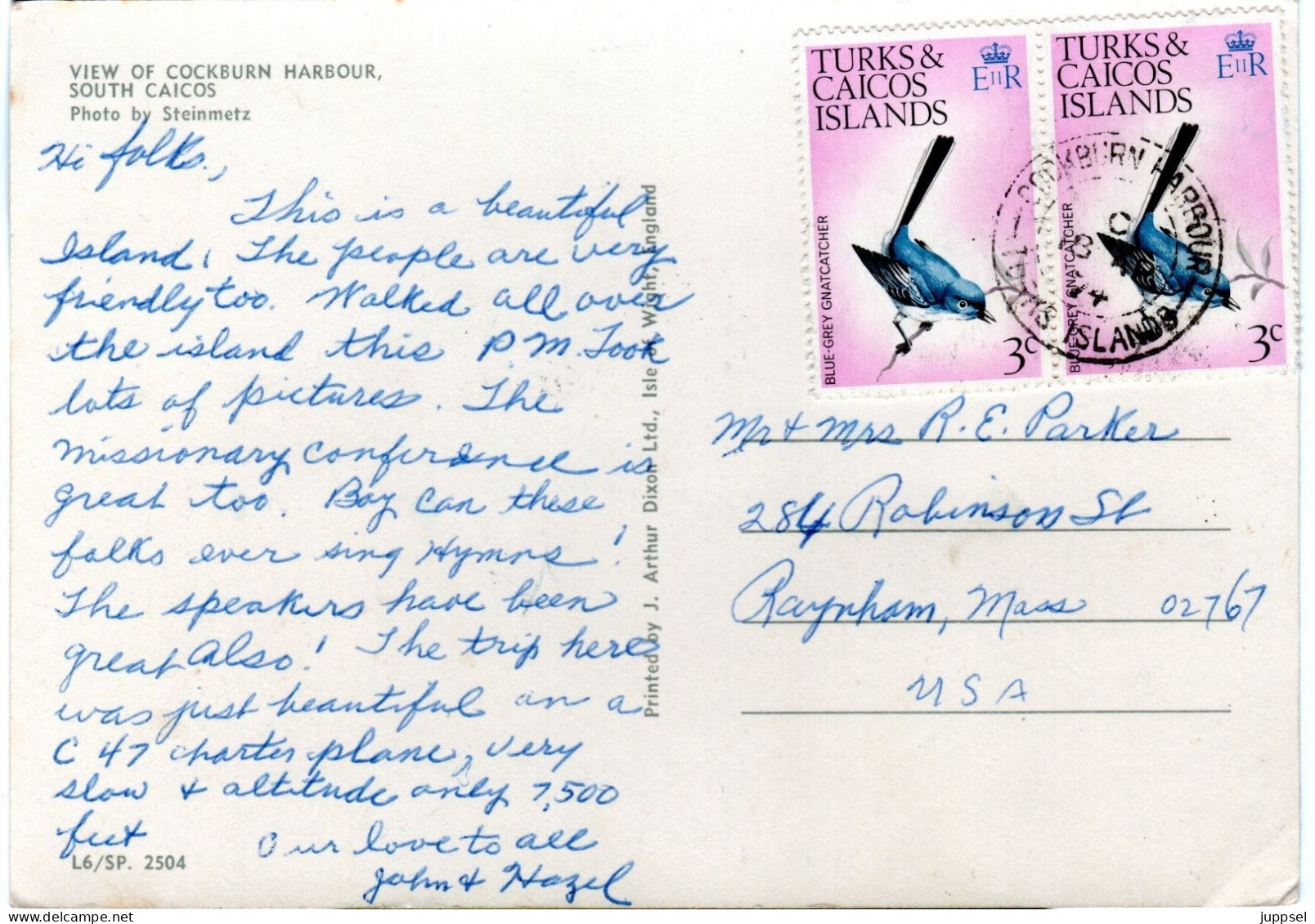 Letter TURKS & CAICOS, Blue - Grey Gnatcatcher   /  Lettre, Le Chasseur Mustique - Pelicans