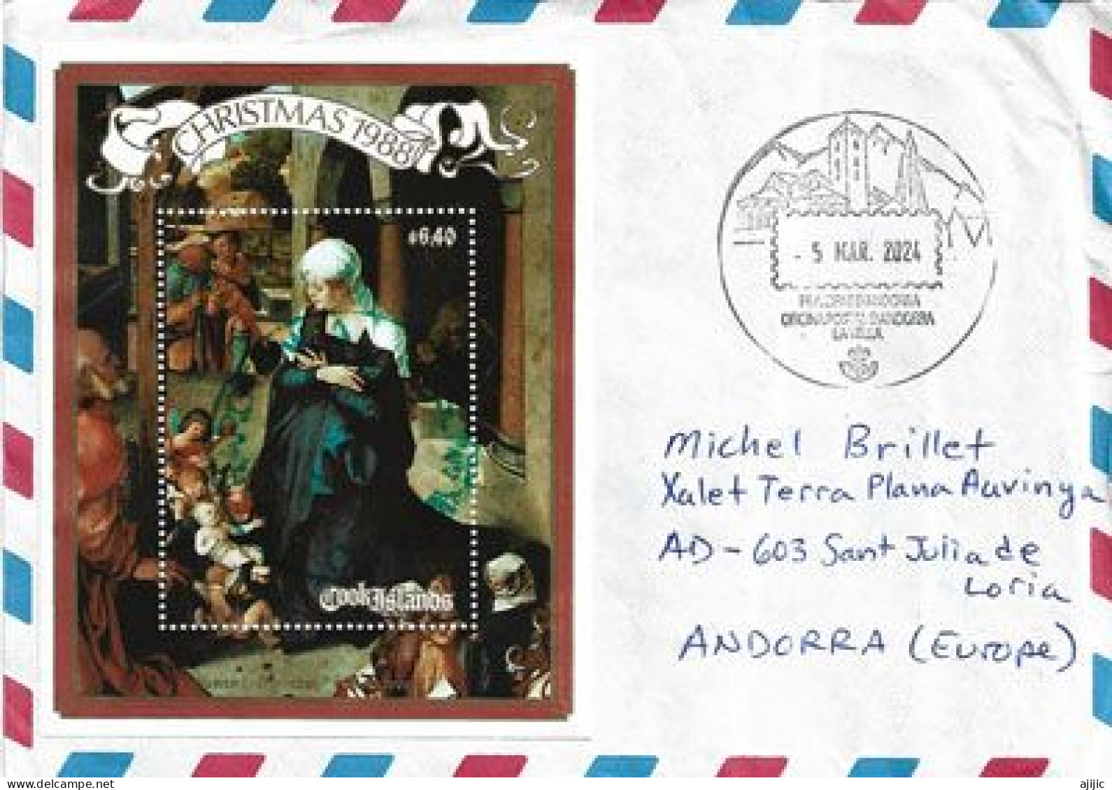 Lettre De Cook Island., 2024 (timbre Haute Faciale $ 6.40) BLOC-FEUILLET , ``a Andorra, Avec Timbre à Date Arrivée - Islas Cook