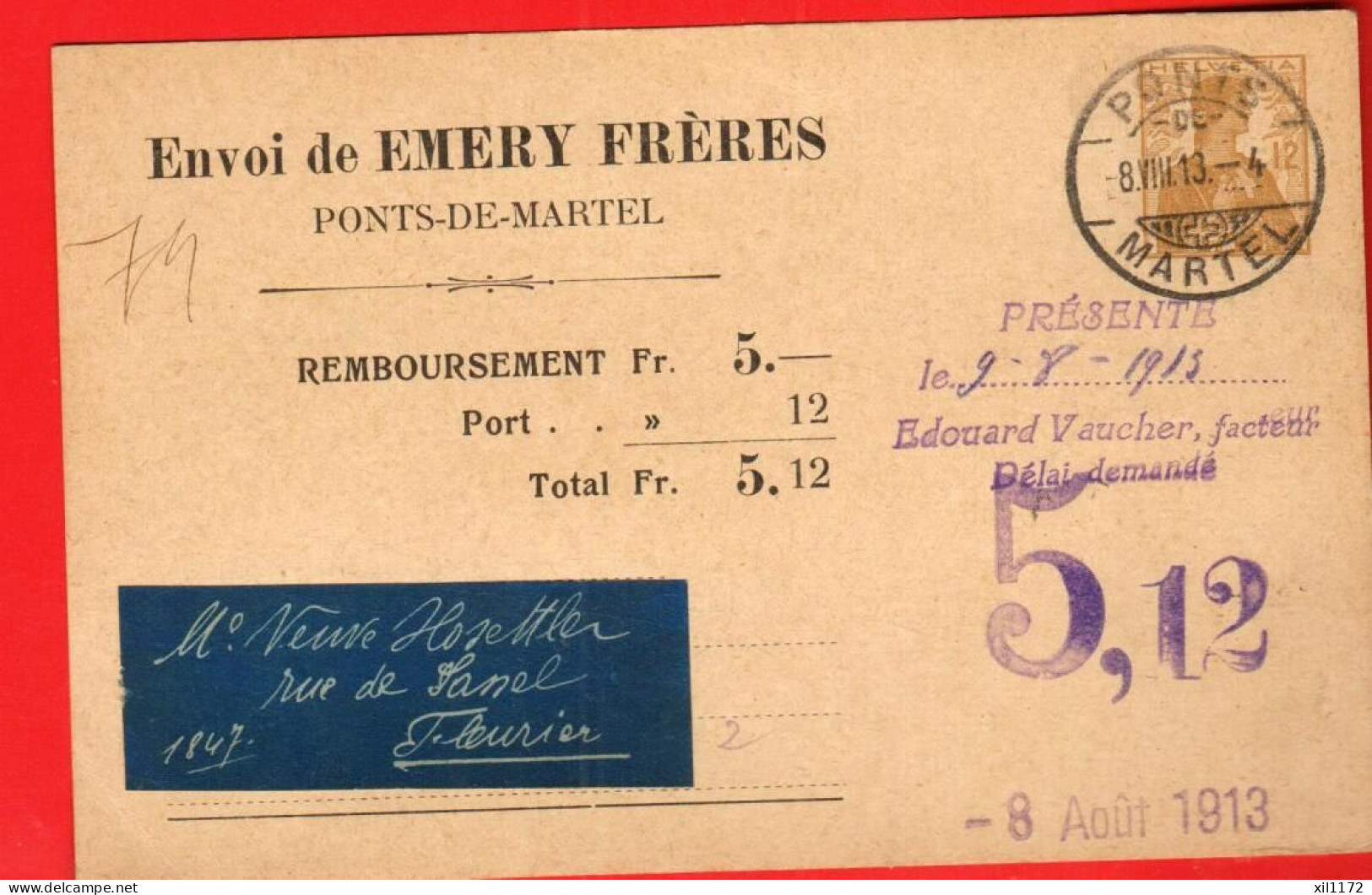 ZXR-41 Entier Postal Recommandé De Emery Frères Ponts-de-Martel Pour Fleurier, Circ. 1913. Ganzsache. - Ponts-de-Martel