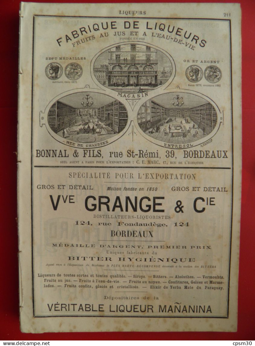 PUB 1884 - Liqueur Bonnal Rue St Rémi, V Grange Rue Fondaudàge, J Nouvialle 33 Bordeaux, Sève Angélique 79 Niort - Publicités