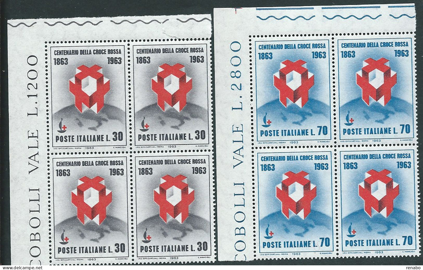 Italia 1963; Centenario Della Croce Rossa, Serie Completa In Quartine D' Angolo - 1961-70: Mint/hinged