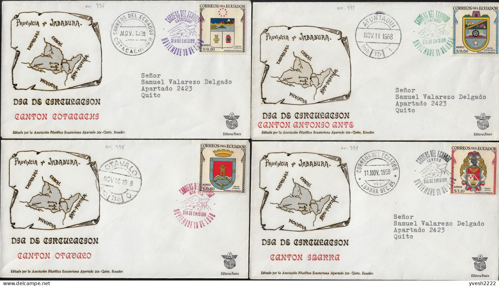 Équateur Ecuador 1958 Y&T PA 336 à 339 Sur FDC. Armoiries Des Cantons De La Province De Imbabura - Briefe U. Dokumente