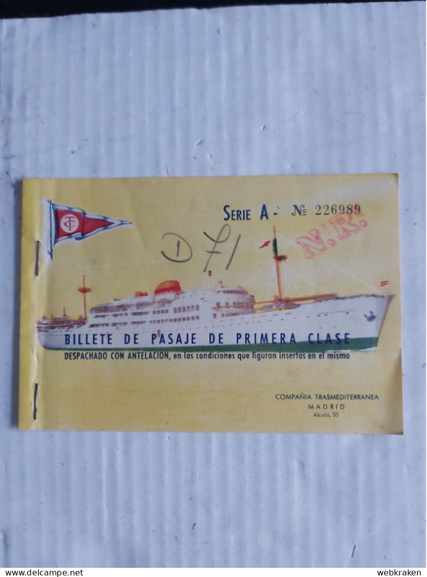 BIGLIETTO NAVE NAVIGAZIONE MADRID COMPAÑIA TRANSMEDITERRANEA BILLETE DE PASAJE ESPAÑA 1961 - Europe