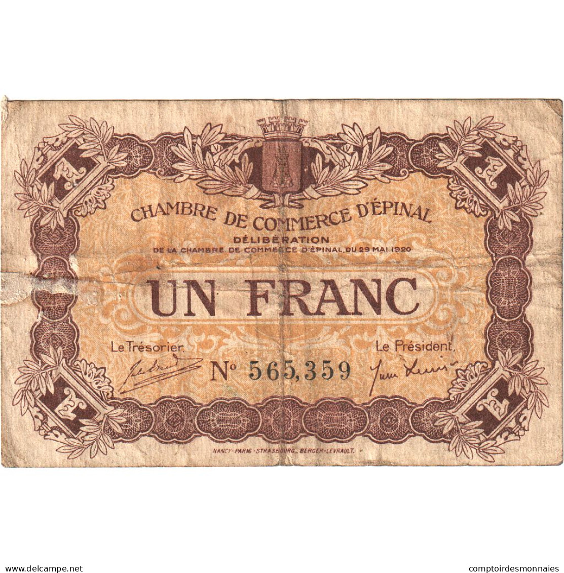France, Epinal, 1 Franc, 1920, TB, Pirot:56-14 - Chambre De Commerce