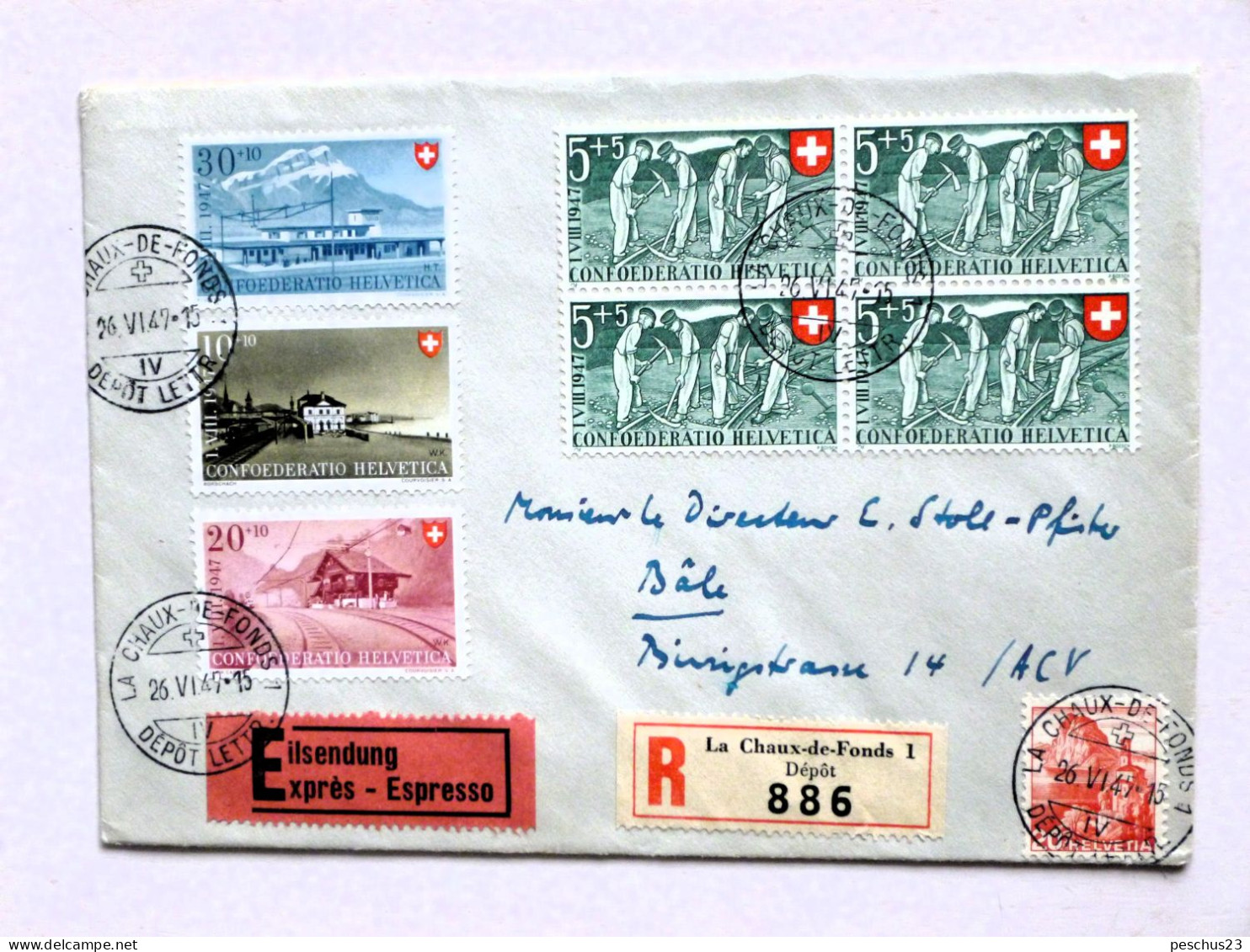 SUISSE / SCHWEIZ / SWITZERLAND / 1947, R- / Express Brief LA CHAUX-DE-FONDS 26.VI.47 Mit Kpl Satz(+) PP 1947 Nach BASEL - Storia Postale