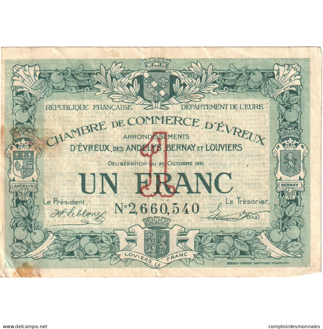 France, Evreux, 1 Franc, 1921, Chambre De Commerce, TB, Pirot:57-17 - Cámara De Comercio