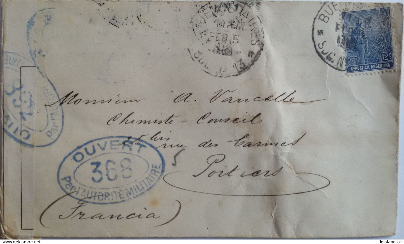 ARGENTINE - Lettre De Buenos-Aires Du 5/02/1916 Contrôlée Pour Poitiers Le29/02 - 2 Photos - Storia Postale