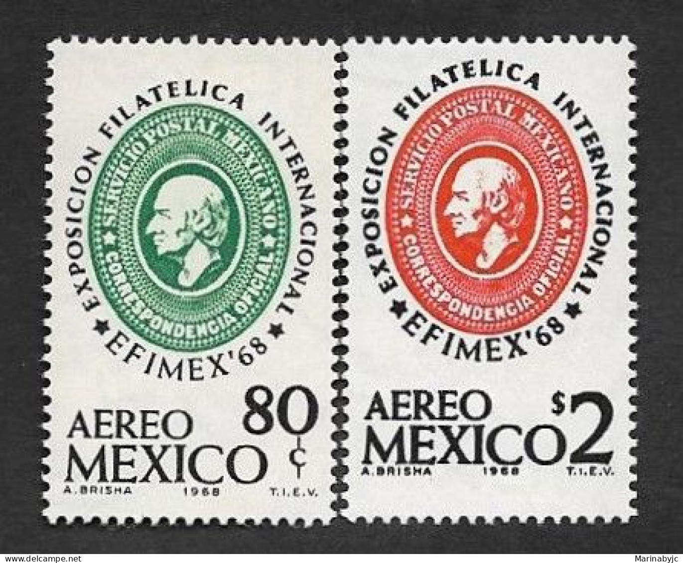 SE)1968 MEXICO, INTERNATIONAL PHILATELIC EXHIBITION EFIMEX 68', EMBLEM 80C SCTC333 & 2P SCTC334, 2 MNH STAMPS - Mexico