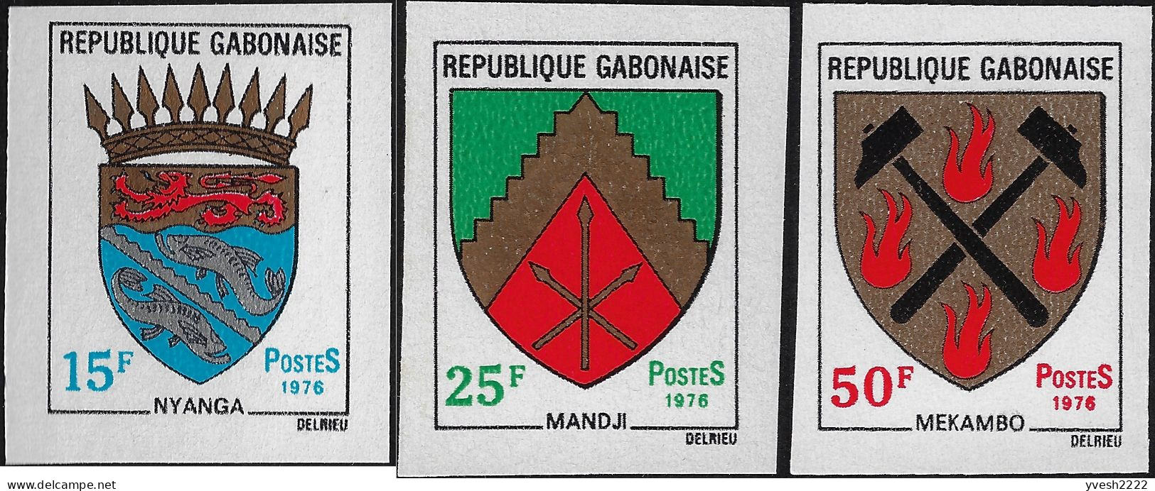 Gabon 1976 Y&T 365 à 367 Non Dentelés. Armoiries De Villes VI. Poissons, Feu, Marteaux - Sellos